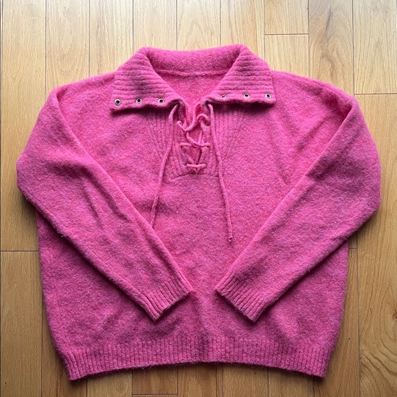 Sezane Sweaters - Sezane Pink Lace-Up Collared Women's Sweater